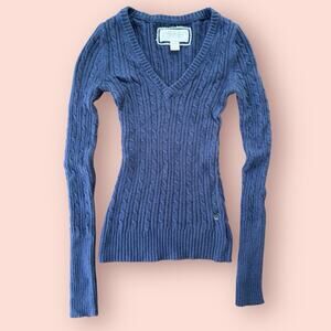 Vtg Y2K American Eagle V-neck Sweater XS Cable Knit Blue Preppy Logo Slim Fit